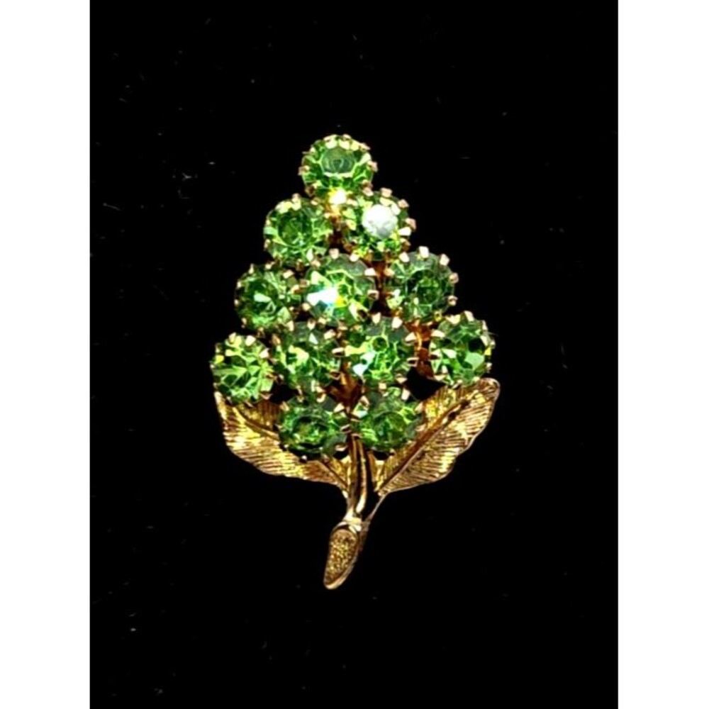 Vtg Green Rhinestone Grape Cluster Brooch Pin Aurora Borealis Prong Set